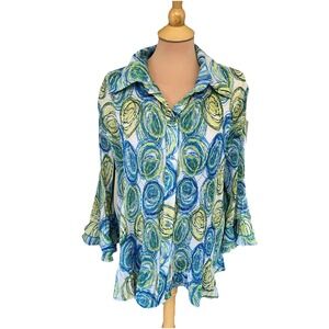 CHRISTOPHER & BANKS Women's Abstract Floral Crinkle Button Up Blouse‎ 1X Retro